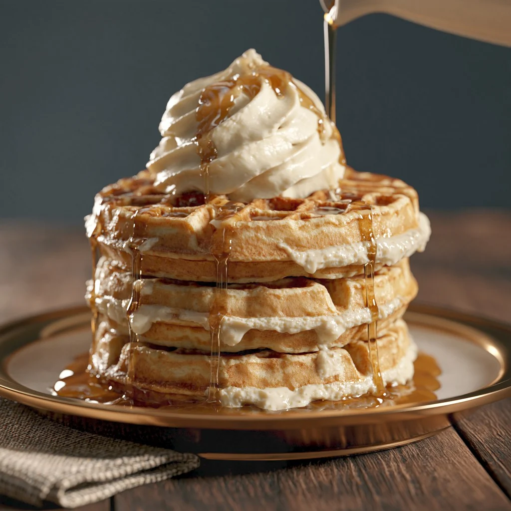 Syrup pouring over a waffle